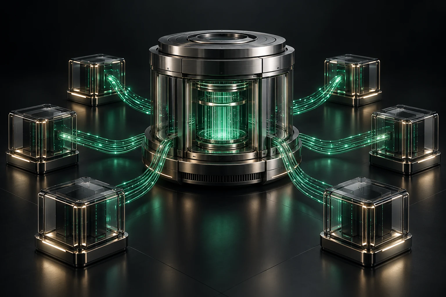 Conceptual managed ai deployment artwork in graphite, silver and emerald